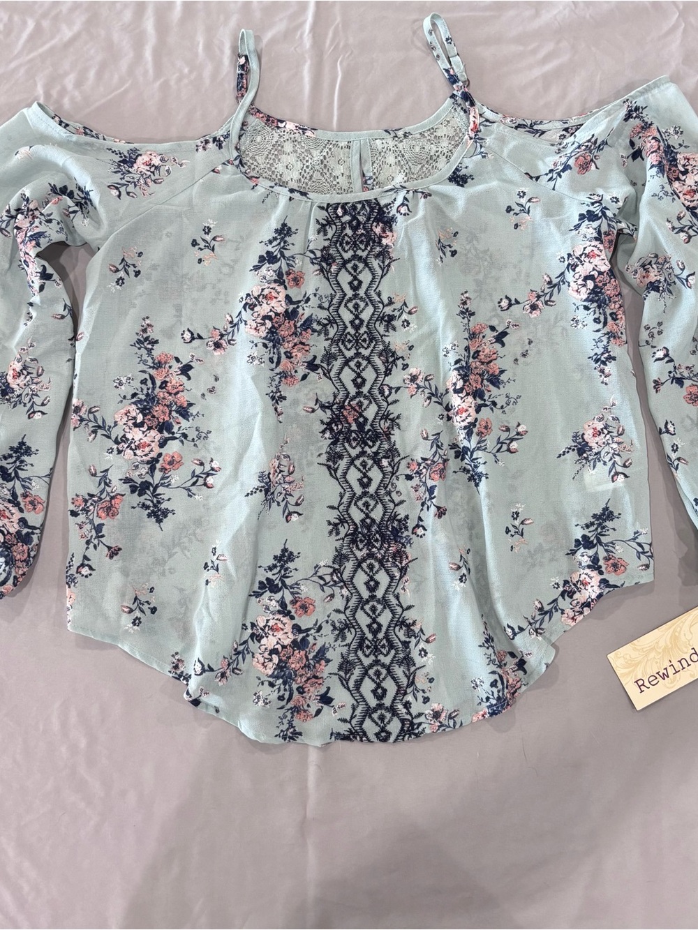 Rewind Womens M Cold Shoulder Floral Blouse Lace Embroidered Boho Mint Top NWT